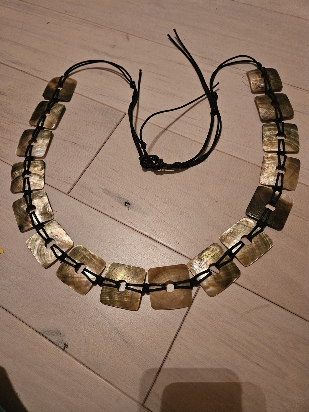 Bohemian Y2k  Belt Handmade Iridescent Shell Square Bead Necklace - Black Cord